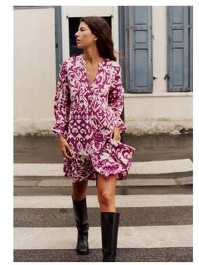 Zara Printed V-Neck Long Sleeve Ruffle Dress Women’s Size Small